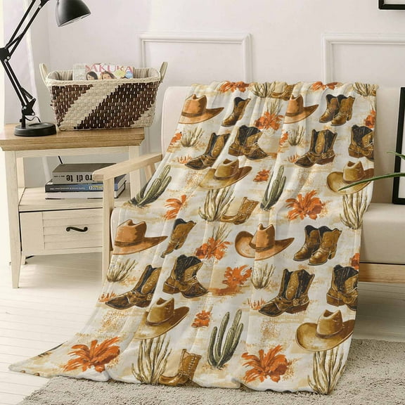 Throw Blanket Fleece Throw Blanket 40x50in, Western Retro Cowboy Boot Hat Soft Lightweight Bed Blankets Summer Desert Cactus Fuzzy Couch Blankets for All Season
