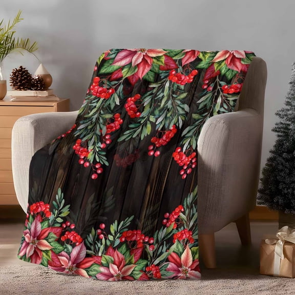 Throw Blanket Fleece Throw Blanket 40x50in, Winter Red Flower Berry Soft Lightweight Bed Blankets Green Leaf Brown Wood Plank Fuzzy Couch Blankets for All Season