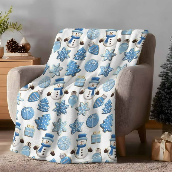 Throw Blanket Fleece Throw Blanket 40x50in, Winter Snowman Snowflake Tree Soft Lightweight Bed Blankets Christmas Blue Theme Fuzzy Couch Blankets for All Season