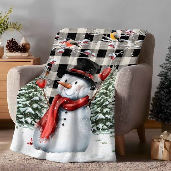 Throw Blanket Fleece Throw Blanket 40x50in, Xmas Snowman Christmas Tree Bird Soft Lightweight Bed Blankets Winter Snow Black White Plaid Fuzzy Couch Blankets for All Season