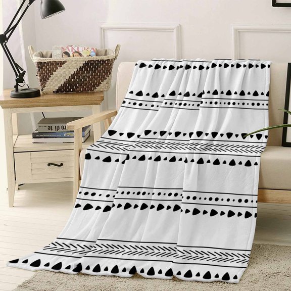 Throw Blanket Fleece Throw Blanket 50x60in, Abstract Bohemian Striped Lines Soft Lightweight Bed Blankets Retro Geometric on White Fuzzy Couch Blankets for All Season