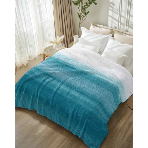 Throw Blanket Fleece Throw Blanket 50x60in, Abstract Gradient Turquoise Stripe Soft Lightweight Bed Blankets Modern Watercolor Striped Fuzzy Couch Blankets for All Season