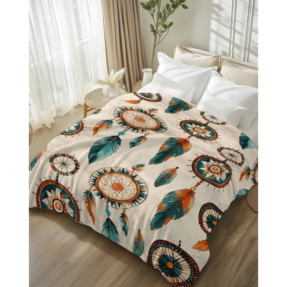 Throw Blanket Fleece Throw Blanket 50x60in, Abstract Indian Totem Soft Lightweight Bed Blankets Retro Ancient Patterns on Linen Fuzzy Couch Blankets for All Season