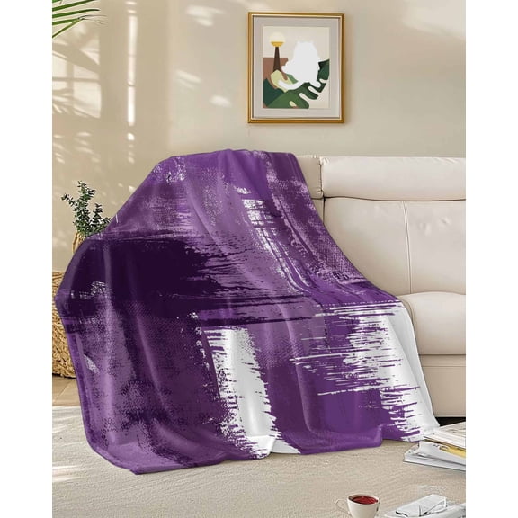 Throw Blanket Fleece Throw Blanket 50x60in, Abstract Minimalism Graffiti Art Painting Soft Lightweight Bed Blankets Purple on White Fuzzy Couch Blankets for All Season