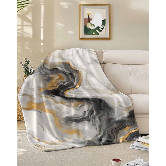 Throw Blanket Fleece Throw Blanket 50x60in, Abstract Modern Marble Agate Soft Lightweight Bed Blankets White Gray Gold Stone Texture Fuzzy Couch Blankets for All Season