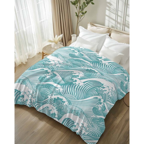 Throw Blanket Fleece Throw Blanket 50x60in, Abstract Ocean Waves Soft Lightweight Bed Blankets Sea Geometric Lines Fuzzy Couch Blankets for All Season