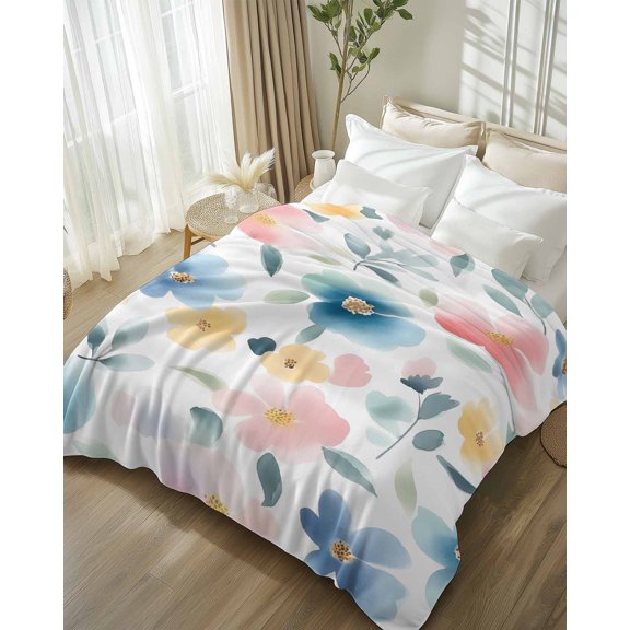 Throw Blanket Fleece Throw Blanket 50x60in, Abstract Ombre Wild Flowers Leaf Soft Lightweight Bed Blankets Cute Watercolor Floral Fuzzy Couch Blankets for All Season