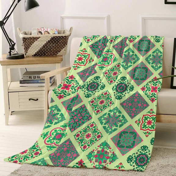 Throw Blanket Fleece Throw Blanket 50x60in, Abstract Pattern Retro Geometric Soft Lightweight Bed Blankets Green Brick Textures Fuzzy Couch Blankets for All Season