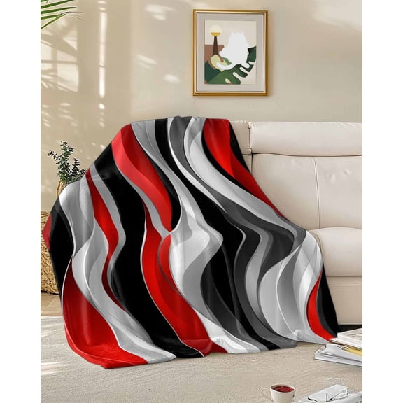 Throw Blanket Fleece Throw Blanket 50x60in, Abstract Red Black Distort Striped Soft Lightweight Bed Blankets Classic Geometric Art Fuzzy Couch Blankets for All Season