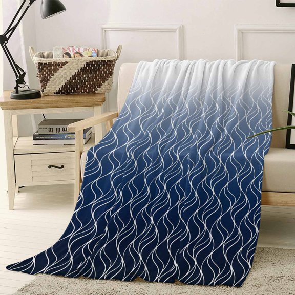Throw Blanket Fleece Throw Blanket 50x60in, Abstract Stripe Blue Gradient Soft Lightweight Bed Blankets Modern Morocco Wave Line Fuzzy Couch Blankets for All Season
