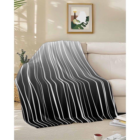 Throw Blanket Fleece Throw Blanket 50x60in, Abstract Stripes on Black Background Soft Lightweight Bed Blankets Gradient White Lines Fuzzy Couch Blankets for All Season