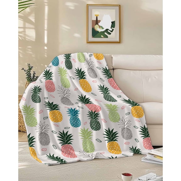 Throw Blanket Fleece Throw Blanket 50x60in, Abstract Summer Pineapple Soft Lightweight Bed Blankets Pink Blue Farm Fruit Fuzzy Couch Blankets for All Season