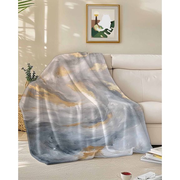 Throw Blanket Fleece Throw Blanket 50x60in, Abstract Watercolor Gray Gold Marble Soft Lightweight Bed Blankets Gradient Pattern Fuzzy Couch Blankets for All Season