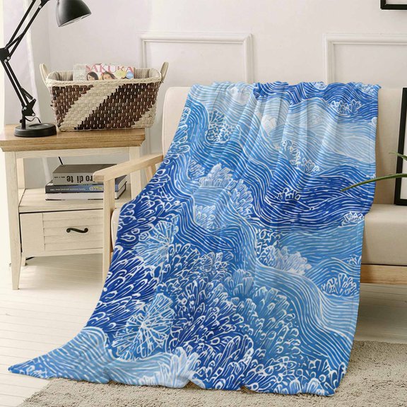 Throw Blanket Fleece Throw Blanket 50x60in, Abstract Watercolor Ocean Wave Soft Lightweight Bed Blankets Blue Marine Coral Texture Fuzzy Couch Blankets for All Season