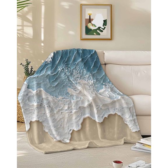 Throw Blanket Fleece Throw Blanket 50x60in, Abstract Watercolor Ocean Wave Texture Soft Lightweight Bed Blankets Seaside Beach Fuzzy Couch Blankets for All Season