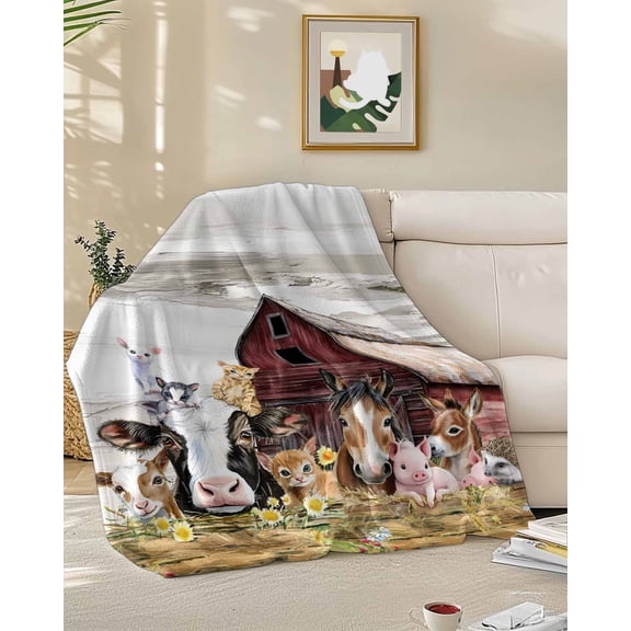 Throw Blanket Fleece Throw Blanket 50x60in, Animal Pig Cow Farm Barn Soft Lightweight Bed Blankets Retro Fence Country Wheat Harvest Fuzzy Couch Blankets for All Season