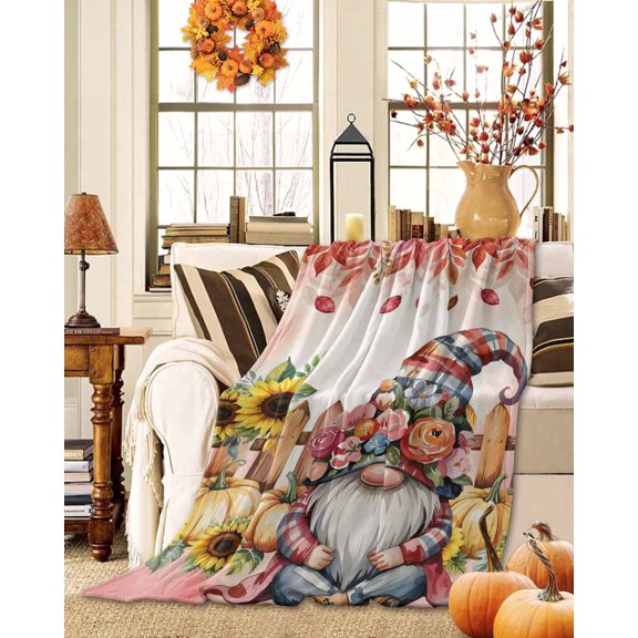 Throw Blanket Fleece Throw Blanket 50x60in, Autumn Gnome Pumpkin Sunflower Soft Lightweight Bed Blankets Farm Fence Dwarf Fuzzy Couch Blankets for All Season