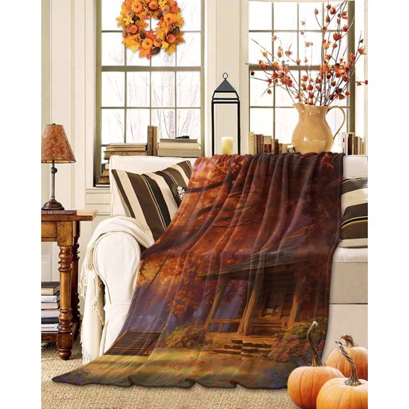Throw Blanket Fleece Throw Blanket 50x60in, Autumn Orange Maple Leaves Tree Soft Lightweight Bed Blankets Farmhouse Cabin Fuzzy Couch Blankets for All Season