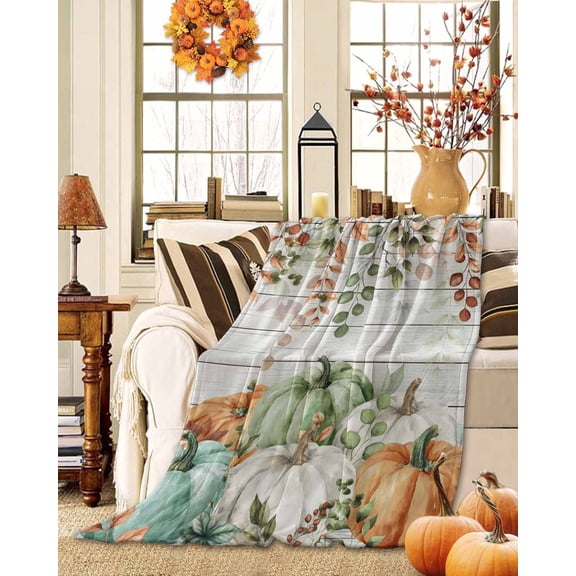Throw Blanket Fleece Throw Blanket 50x60in, Autumn Pumpkin Eucalyptus Leaves Soft Lightweight Bed Blankets Gray Wooden Fuzzy Couch Blankets for All Season