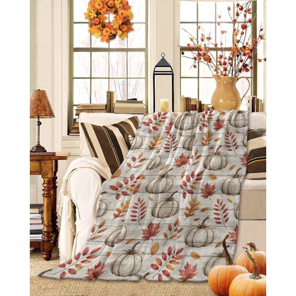 Throw Blanket Fleece Throw Blanket 50x60in, Autumn Thanksgiving Pumpkin Soft Lightweight Bed Blankets Fall Maple Leaves Wood Barn Fuzzy Couch Blankets for All Season