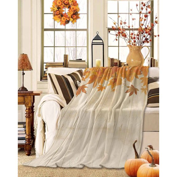 Throw Blanket Fleece Throw Blanket 50x60in, Autumn Watercolor Maple Leaves Orange Soft Lightweight Bed Blankets Farm Wood Board Fuzzy Couch Blankets for All Season