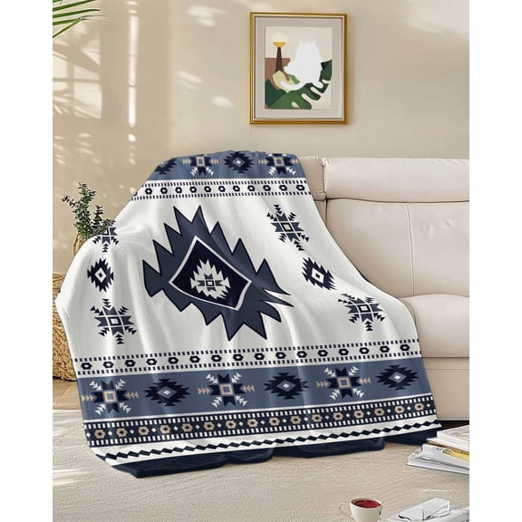 Throw Blanket Fleece Throw Blanket 50x60in, Aztec Dark Blue Bohemian Pattern Soft Lightweight Bed Blankets Southwest Ethnic Style Fuzzy Couch Blankets for All Season