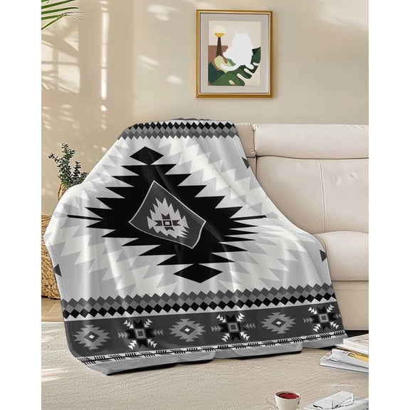 Throw Blanket Fleece Throw Blanket 50x60in, Aztec Gray Geometric Pattern Soft Lightweight Bed Blankets Boho Abstract Ethnic Art Fuzzy Couch Blankets for All Season