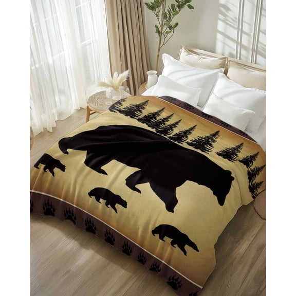 Throw Blanket Fleece Throw Blanket 50x60in, Bear Animal Silhouette Jungle Forest Soft Lightweight Bed Blankets Retro Brown Gradient Fuzzy Couch Blankets for All Season