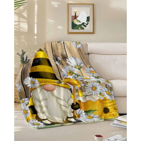 Throw Blanket Fleece Throw Blanket 50x60in, Bee Gnome Daisy Flower Soft Lightweight Bed Blankets Farm Vintage Wood Board Fuzzy Couch Blankets for All Season