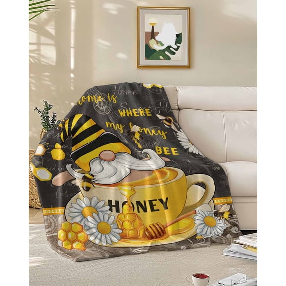 Throw Blanket Fleece Throw Blanket 50x60in, Bee Gnome Honeycomb Soft Lightweight Bed Blankets Rustic Daisy Floral Retro Blackboard Fuzzy Couch Blankets for All Season