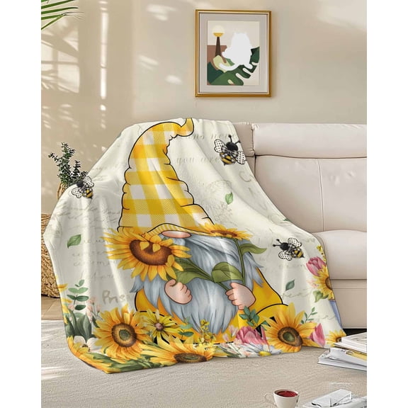 Throw Blanket Fleece Throw Blanket 50x60in, Bee Gnome Summer Sunflower Watercolor Yellow Floral Soft Lightweight Bed Blankets Retro Linen Fuzzy Couch Blankets for All Season