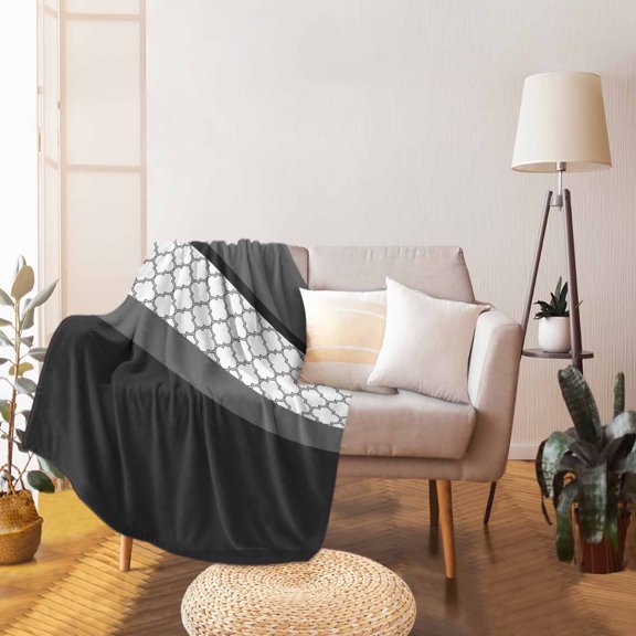 Throw Blanket Fleece Throw Blanket 50x60in, Black White Moroccan Trellis Soft Lightweight Bed Blankets Modern Stitching Fuzzy Couch Blankets for All Season