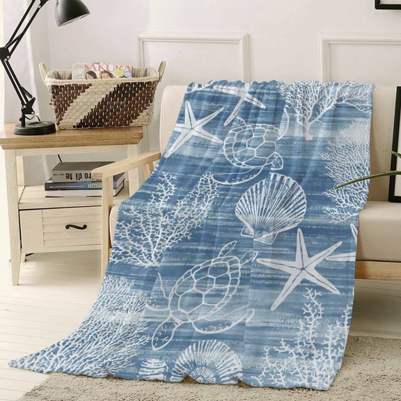Throw Blanket Fleece Throw Blanket 50x60in, Blue Ocean Sea Turtle Shell Starfish Soft Lightweight Bed Blankets Abstract Coral Conch Fuzzy Couch Blankets for All Season