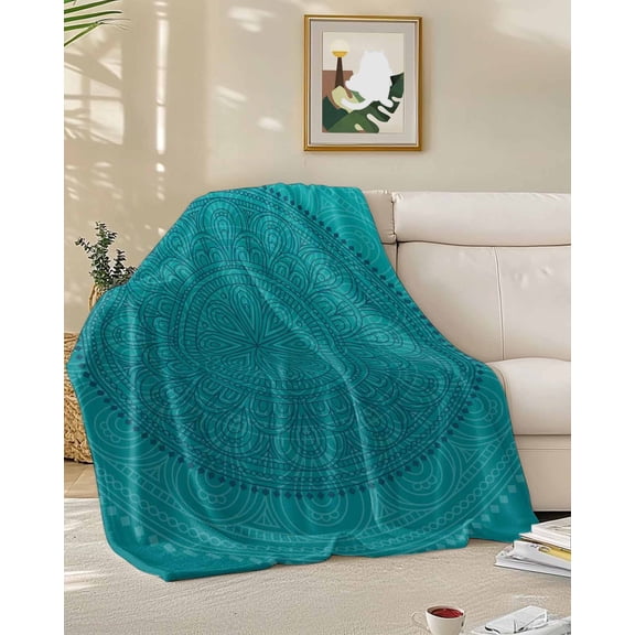 Throw Blanket Fleece Throw Blanket 50x60in, Bohemian Flower on Teal Green Soft Lightweight Bed Blankets Boho Chic Blossom Floral Fuzzy Couch Blankets for All Season
