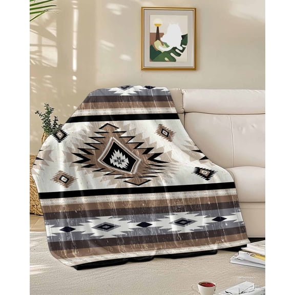 Throw Blanket Fleece Throw Blanket 50x60in, Boho Brown Farm Aztec Geometric Soft Lightweight Bed Blankets Southwest Ethnic Wind Fuzzy Couch Blankets for All Season