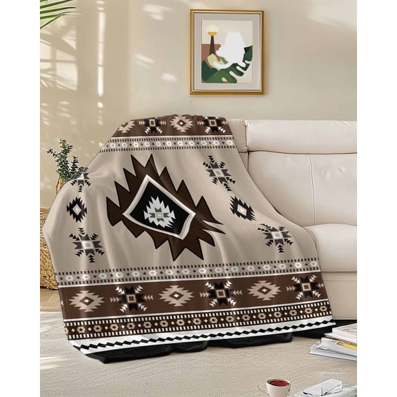 Throw Blanket Fleece Throw Blanket 50x60in, Brown Aztec Ethnic Style Soft Lightweight Bed Blankets Retro Bohemian Stripes Fuzzy Couch Blankets for All Season