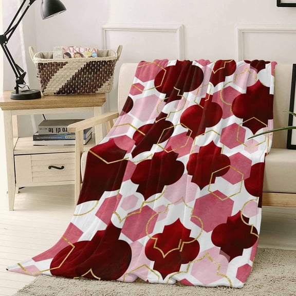 Throw Blanket Fleece Throw Blanket 50x60in, Burgundy Red Moroccan Texture Soft Lightweight Bed Blankets Retro Geometric Pattern Fuzzy Couch Blankets for All Season