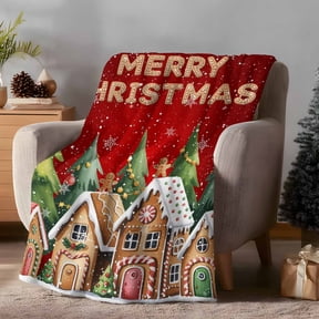 Throw Blanket Fleece Throw Blanket 50x60in, Candy Gingerbread House Soft Lightweight Bed Blankets Merry Christmas on Red Background Fuzzy Couch Blankets for All Season