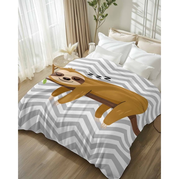 Throw Blanket Fleece Throw Blanket 50x60in, Cartoon Sloth Tree Branch Soft Lightweight Bed Blankets Gray Chevron Stripe Animal Fuzzy Couch Blankets for All Season