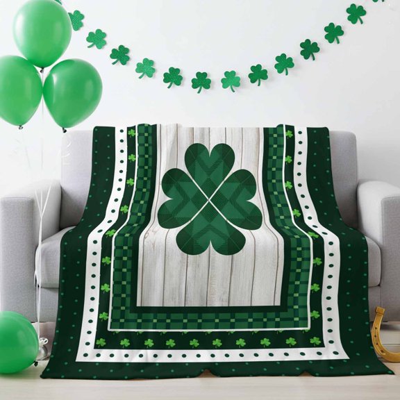 Throw Blanket Fleece Throw Blanket 50x60in, Celtic Lucky Clovers Check with Dot Border Soft Lightweight Bed Blankets Irish St. Patrick's Day Fuzzy Couch Blankets for All Season