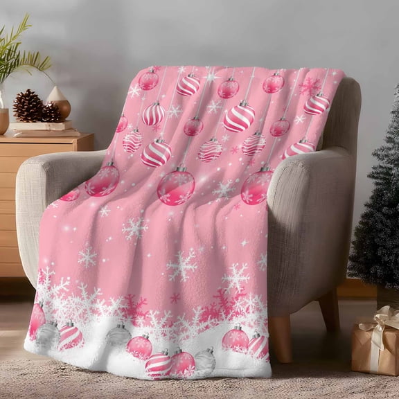 Throw Blanket Fleece Throw Blanket 50x60in, Christmas Ball Winter Snowflake Soft Lightweight Bed Blankets Pink Theme Fuzzy Couch Blankets for All Season
