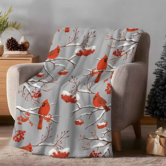 Throw Blanket Fleece Throw Blanket 50x60in, Christmas Cardinal Winter Snowflake Soft Lightweight Bed Blankets Country Berry on Gray Fuzzy Couch Blankets for All Season