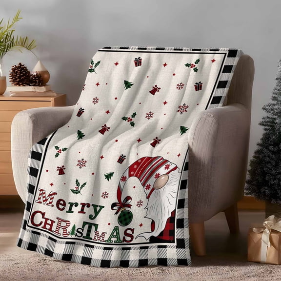 Throw Blanket Fleece Throw Blanket 50x60in, Christmas Cute Gnome on Burlap Soft Lightweight Bed Blankets Snowflake Holly Xmas Tree Fuzzy Couch Blankets for All Season