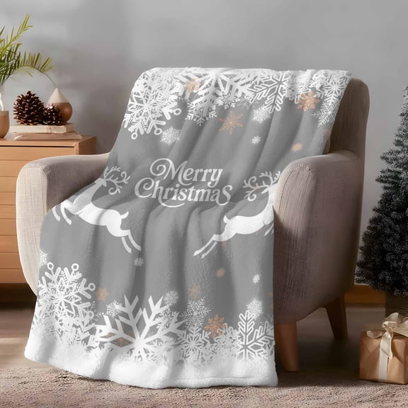 Throw Blanket Fleece Throw Blanket 50x60in, Christmas Deer Snowflake Soft Lightweight Bed Blankets Gray White Theme Fuzzy Couch Blankets for All Season