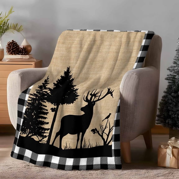 Throw Blanket Fleece Throw Blanket 50x60in, Christmas Farm Elk Pine Tree Shadow Soft Lightweight Bed Blankets Rustic Burlap Buffalo Plaid Fuzzy Couch Blankets for All Season