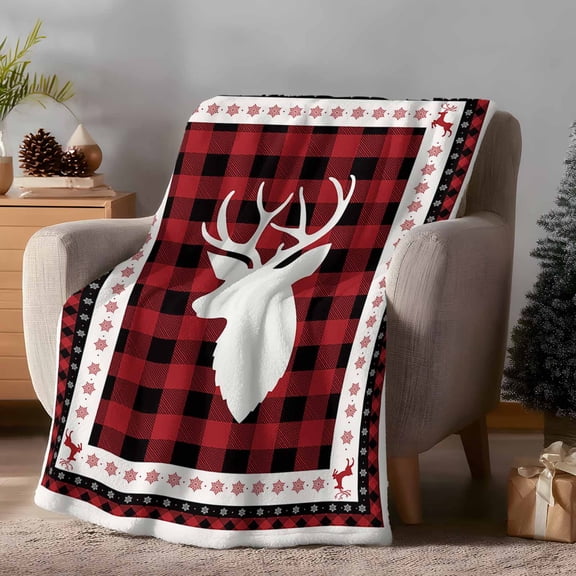 Throw Blanket Fleece Throw Blanket 50x60in, Christmas Farm Reindeer Silhouette Soft Lightweight Bed Blankets Red Black Buffalo Linen Lattice Fuzzy Couch Blankets for All Season