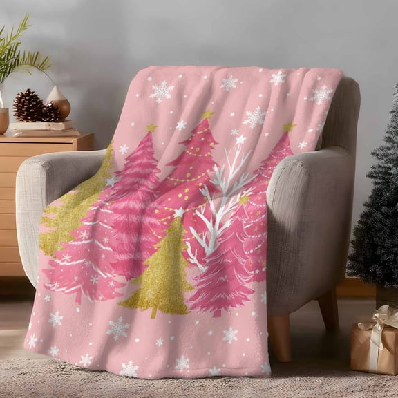 Throw Blanket Fleece Throw Blanket 50x60in, Christmas Gold Pink Xmas Tree Soft Lightweight Bed Blankets Winter Snowflakes Fuzzy Couch Blankets for All Season