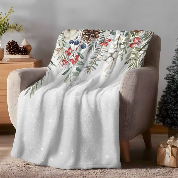 Throw Blanket Fleece Throw Blanket 50x60in, Christmas Holly Berry Pine Cones Soft Lightweight Bed Blankets Winter Snowflakes Gray Ombre Fuzzy Couch Blankets for All Season