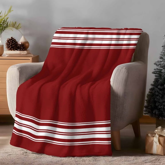Throw Blanket Fleece Throw Blanket 50x60in, Christmas Minimalist Dark Maroon Soft Lightweight Bed Blankets Red White Stripe Lines Fuzzy Couch Blankets for All Season