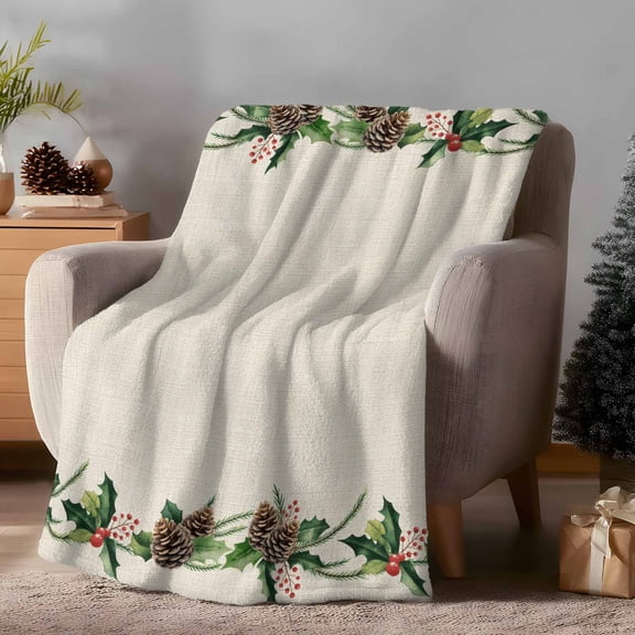 Throw Blanket Fleece Throw Blanket 50x60in, Christmas Pine Cones Branches Vine Soft Lightweight Bed Blankets Green Botanical Leaf on Linen Fuzzy Couch Blankets for All Season